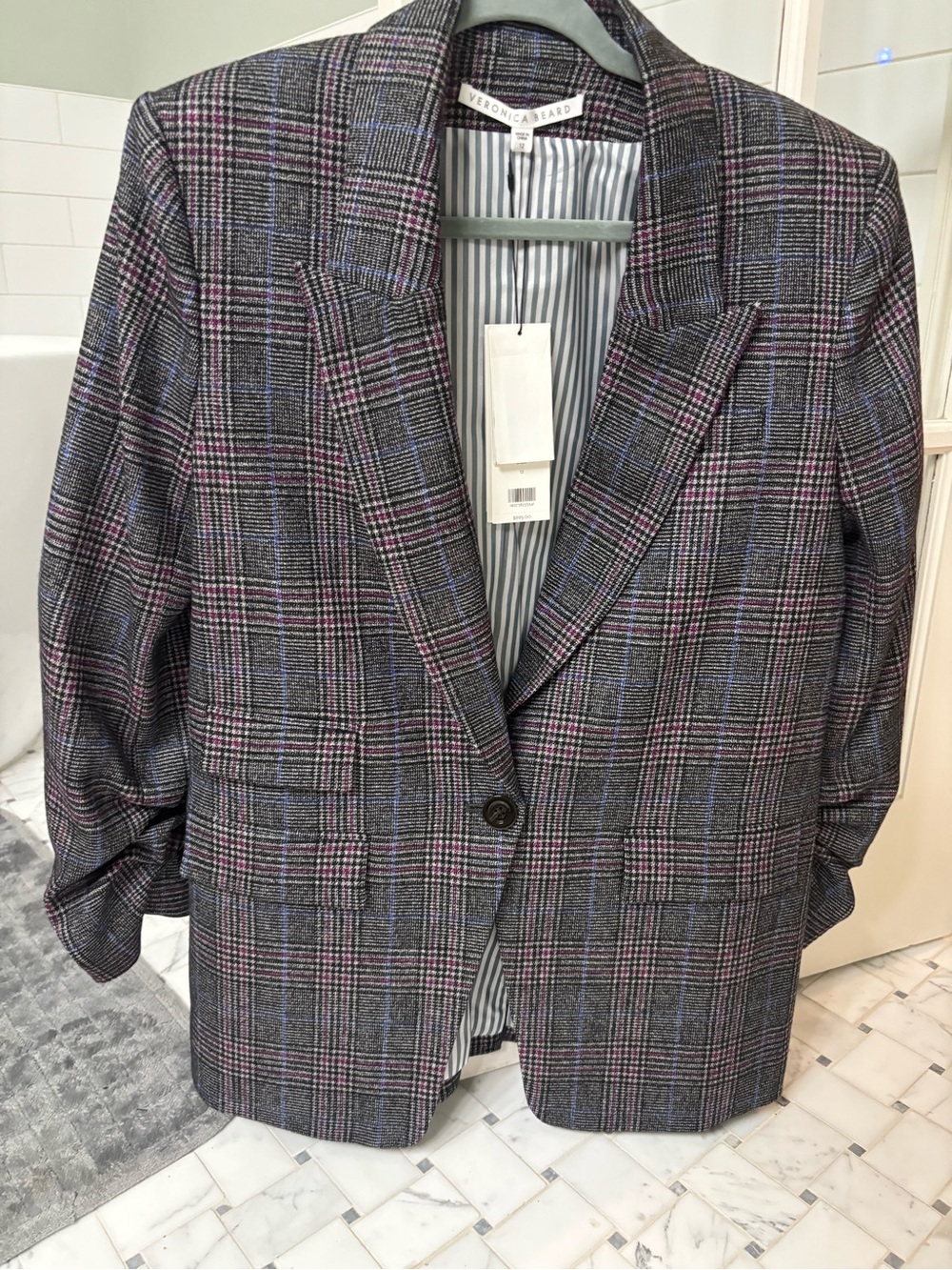 Veronica Beard Gray Plaid Blazer with Pink & Blue Windowpane